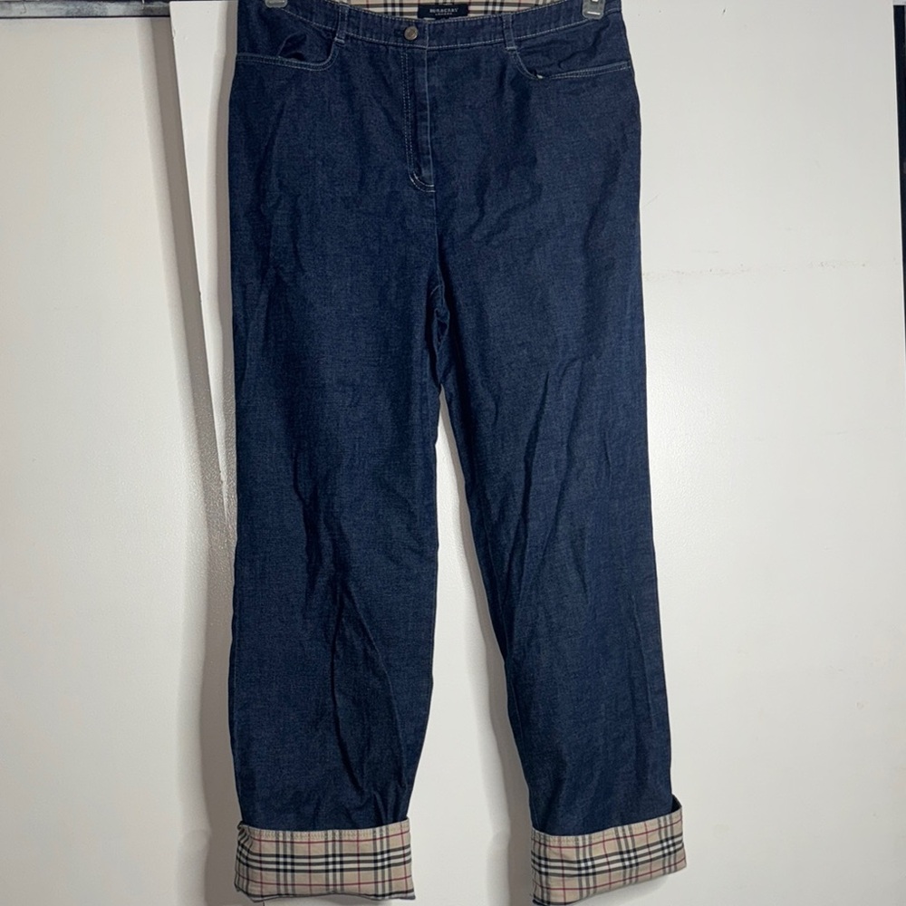 Burberry Women's Blue Jeans with Plaid Cuffs
